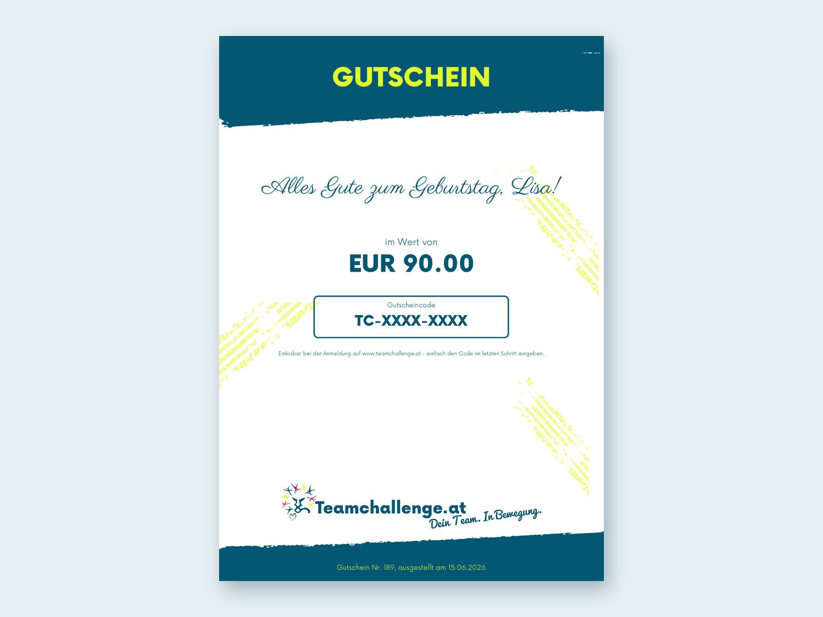 Beispiel: Teamchallenge-Gutschein zum Geburtstag im Wert von 90 € mit persönlichem Gruß